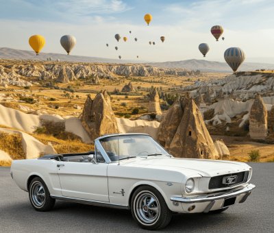 Kapadokya Beyaz Klasik Araba İle Fotoğraf Çekimi
