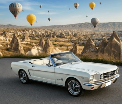 Kapadokya Beyaz Klasik Araba İle Fotoğraf Çekimi