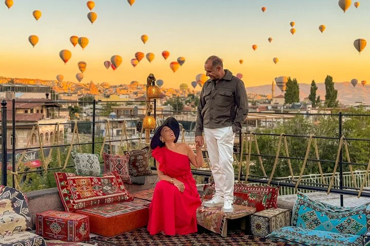 Cappadocia Rooftop Photoshoot with Balloons & Fairy Chimneys