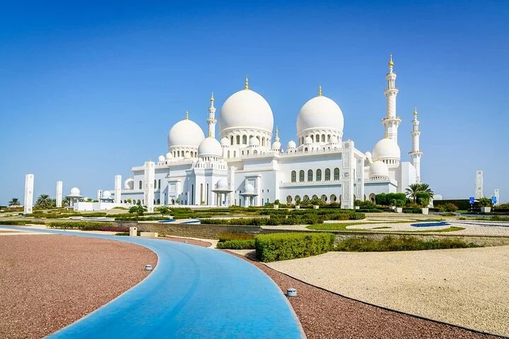 Sheikh Zayed Grand Mosque with Ferrari World from Dubai